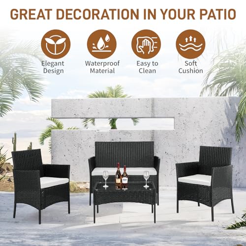 4 Pieces Patio Furniture Set, Rattan Conversation Sets, Black | Loveseat with Soft Cushion, Glass Table for Garden Backyard Balcony Porch Poolside