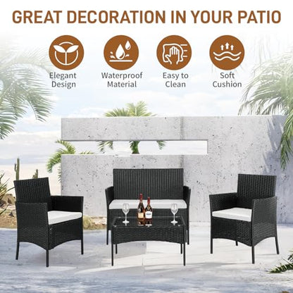 4 Pieces Patio Furniture Set, Rattan Conversation Sets, Black | Loveseat with Soft Cushion, Glass Table for Garden Backyard Balcony Porch Poolside
