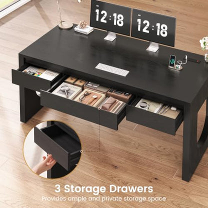 55" Modern Executive Office Desk with 3 Drawers, Black, view 5