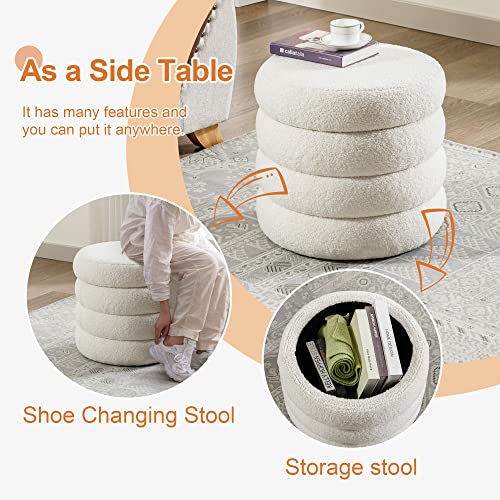 20" Round Storage Ottoman with Removable Lid, Off-White Boucle Fabric Footrest Pouf, Sherpa Tufted Small Coffee Table Vanity Ottoman Foot Stools for Living Room Couch, Bedroom, Dorm, Nursery