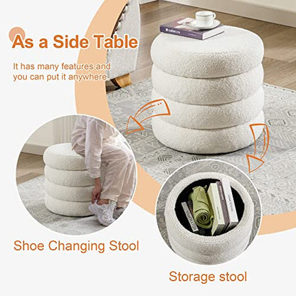 20" Round Storage Ottoman with Removable Lid, Off-White Boucle Fabric Footrest Pouf, Sherpa Tufted Small Coffee Table Vanity Ottoman Foot Stools for Living Room Couch, Bedroom, Dorm, Nursery