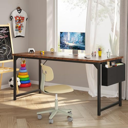 Computer Desk 63 Inch Home Office Desks for Small Spaces, Gaming Writing Study Work Table with Storage Bag and Headphone Hook for Bedroom, Rustic Brown