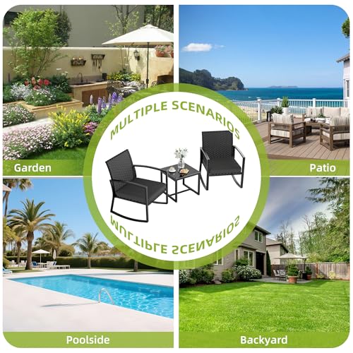 3 Pieces Outdoor Patio Set -Wicker Rattan Chair Conversation Set with Glass Table for Poolside Yard Rocking Chair Set for Bistro Garden Front Porch All Weather Patio Furniture Set