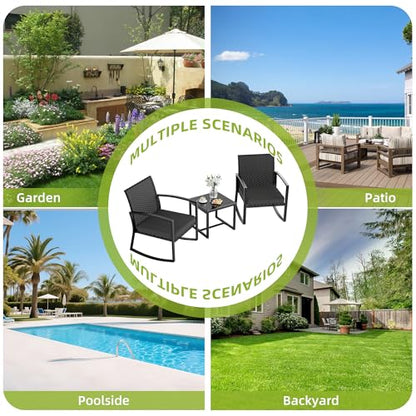 3 Pieces Outdoor Patio Set -Wicker Rattan Chair Conversation Set with Glass Table for Poolside Yard Rocking Chair Set for Bistro Garden Front Porch All Weather Patio Furniture Set