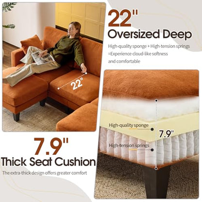 100" W U Shaped Couch with Ottoman, 22" Deep Seat Comfortable Sectional Couches for Living Room, 3 Seater Chenille Fabric Cloud Sofa for Apartment, Small Spaces, Bedroom, Orange