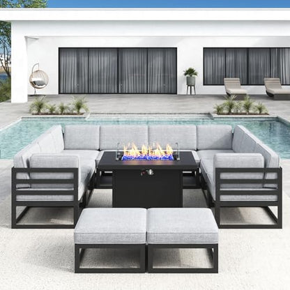 Large Aluminum Patio Furniture Set with Fire Pit Table, 11 Pieces Modern Outdoor Conversation Set Sectional Metal Sofa Set with Olefin Cushion