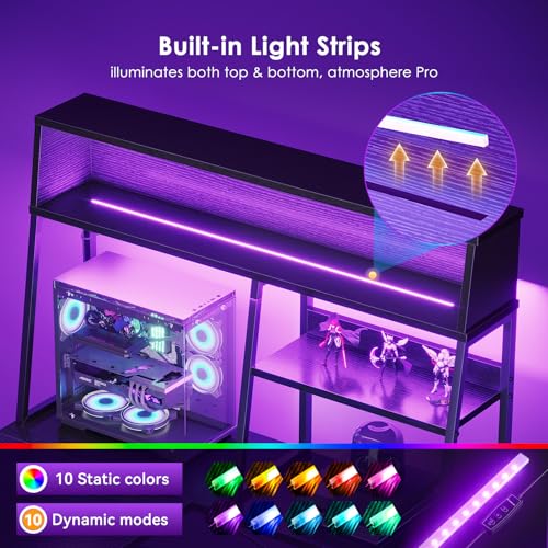 59 Inch L Shaped Gaming Desk with Display Shelves, LED Lights, Black, view 6