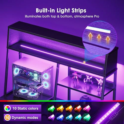 59 Inch L Shaped Gaming Desk with Display Shelves, LED Lights, Black, view 6