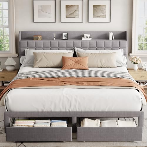 King Bed Frame, Upholstered Platform Bed Frame with Storage Drawers, view 2
