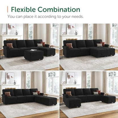 Sectional Sofa with Storage Seat Velvet U Shaped Sectional Couch with Reversible Chaise Convertible Sectional Couches for Living Room,Black