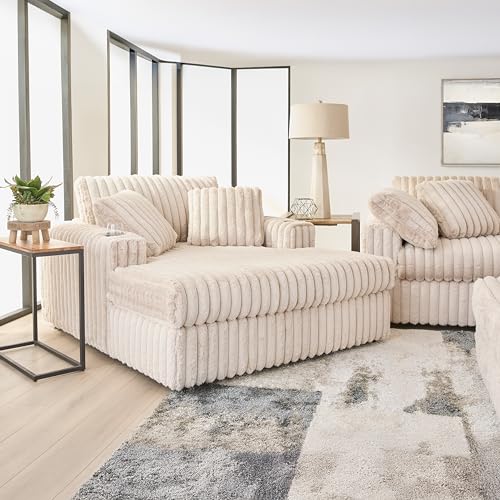 Belvoir 3-Piece Living Room Set, Sofa Cuddle Chaise and Ottoman, Beige Champagne