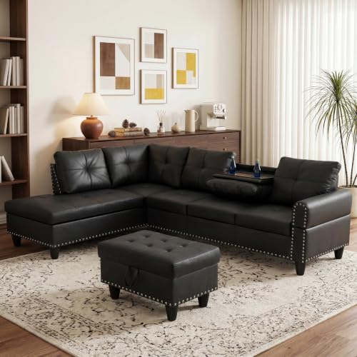 97.5" L Shaped Couch Set, Modular Sectional Couches for Living Room with Storage Ottoman, 4 Seat Home Sofa Living Room Furniture Sets with Chaise for Apartment Office (Leather, Black)