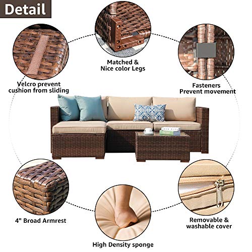 5 Piece Outdoor Patio Furniture Set, Outdoor Sectional Conversation Set, All-Weather Brown PE Wicker w/Beige Cushions, Outdoor Backyard Porch Garden Poolside Balcony Furniture Set