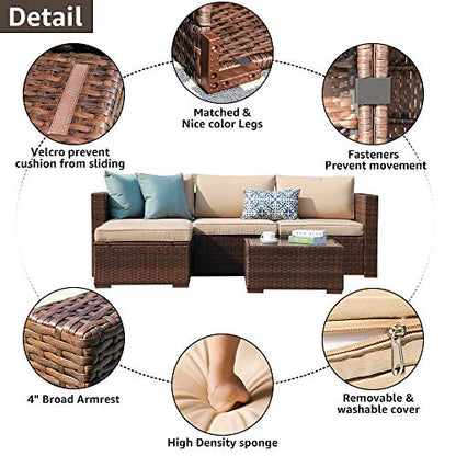 5 Piece Outdoor Patio Furniture Set, Outdoor Sectional Conversation Set, All-Weather Brown PE Wicker w/Beige Cushions, Outdoor Backyard Porch Garden Poolside Balcony Furniture Set