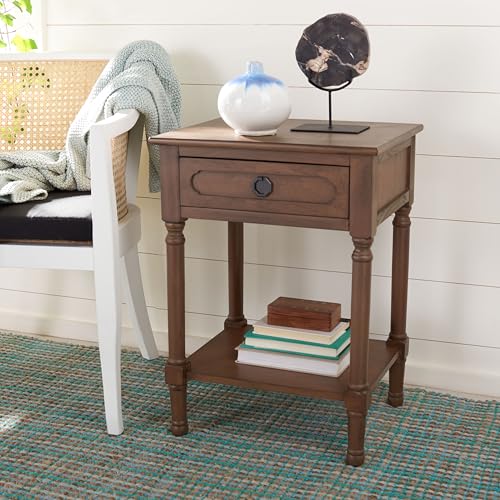 SAFAVIEH Home Collection – Allura Brown Accent Table with Drawer & Shelf, Modern Farmhouse Nightstand, Carved Detail Design (ACC5718C)