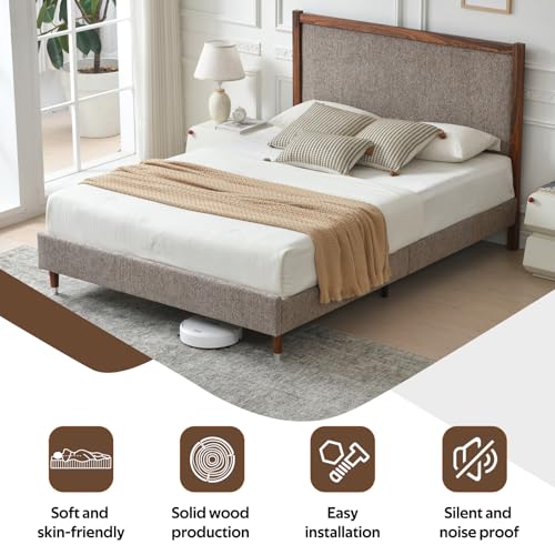 Full Size Upholstered Platform Bed Frame with Wood Trim Headboard, view 8