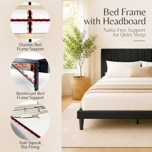 Queen Modern Upholstered Platform Bed Frame with Headboard, Black, view 4