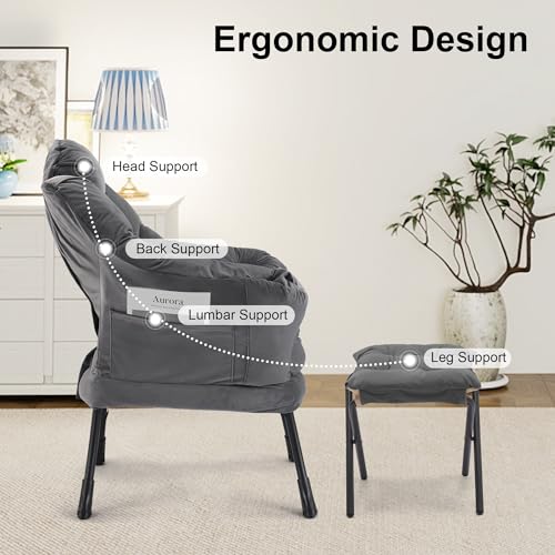Lazy Chair with Ottoman, Modern Accent Lounge Chair with Side Pocket and Armrests, Cozy Reading Armchair with Footrest, Upholstered Sofa Chair for Small Spaces, Bedroom Living Room, Dark Grey