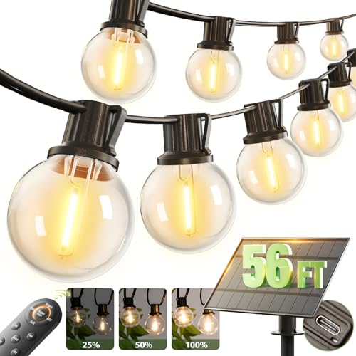 56FT(50+6) Solar String Lights Outdoor with Remote, 27 Shatterproof G40 Bulbs, Solar Powered & USB Charging Patio Lights, Dimmable Waterproof Solar String Lights for Outside, Camping, Backyard