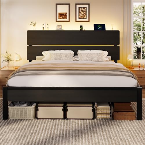 King Size Bed Frame, Led Light, Charging Station, Storage Shelf, view 4