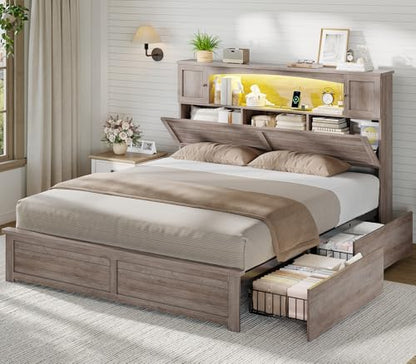 Farmhouse Queen Bed Frame with Bookcase and Storage Cabinets Headboard, view 2
