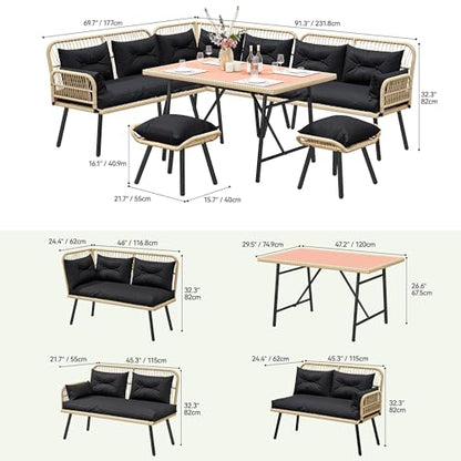 L-Shaped Patio Furniture Set, All-Weather Rattan Outdoor Conversation Sofa with Soft Cushions, Ottomans & Plastic Wood Dining Table for Backyard Deck, Light Brown + Black