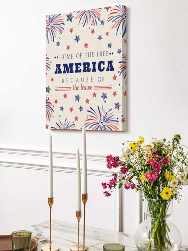 NuYeBiofx Independence Day Red Blue Stars Canvas Wall Art Prints,48"x32" Framed Picture Artwork Festivals Fireworks Printed Canvas Oil Painting for Living Room Bedroom Office,Ready to Hang
