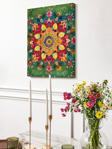 NuYeBiofx Boho Colorful Flower Canvas Wall Art Prints,48"x32" Framed Picture Artwork Farmhouse Blossom Floral on Green Printed Canvas Oil Painting for Living Room Bedroom Office,Ready to Hang