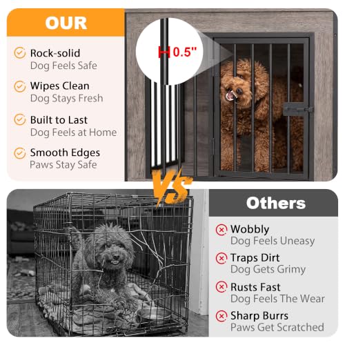 55" Wooden Double Dog Crate Furniture, Removable Divider, Oak Grey, view 5