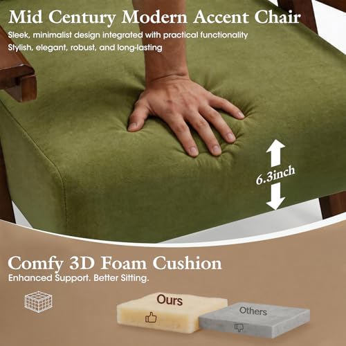 Accent Chair, Mid-Century Modern Velvet Lounge Chair with Wood Arms | Thick Cushioned Seat, Solid Wood Arms, Ergonomic Comfort for Living Rooms, Bedrooms, Reading Rooms & Reception Areas, Green