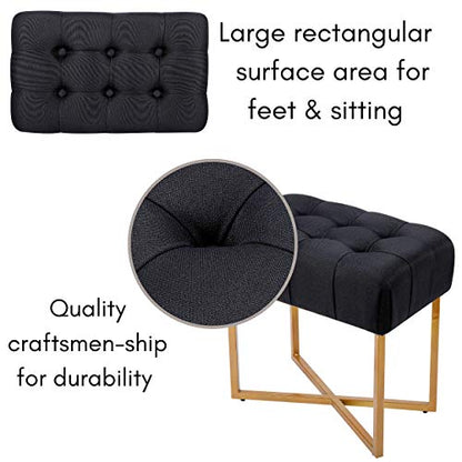 Rectangle Tufted Linen Ottoman Foot Rest - 19.7x11.82x17.73” Small Foot Stool with Legs - Padded Footrest Modern Ottomans for Living Room Furniture, Bedroom Footstool (Black)