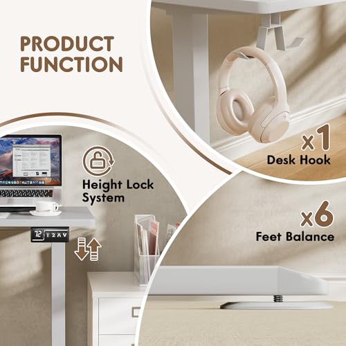 63 x 55 Inch L Shaped Standing Desk with 2 Preset Heights, Electric Height Adjustable Computer Table, 2 Hooks & Feet Balance, Corner Sit Stand Desk for Home Office (White, 63 x 55 Inch)