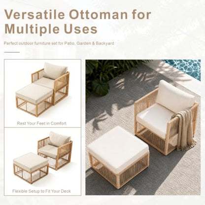 5 Piece Patio Furniture Set, Outdoor Sectional Sofa Set with 2 Ottomans, Coffee Table, Washable Cushions, All Weather Patio Wicker Conversation Set with Arm Chairs for Backyard, Porch, Balcony, Deck