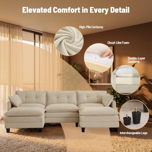 111.5" U Shaped Modular Sectional Sofa, Beige Corduroy, view 4
