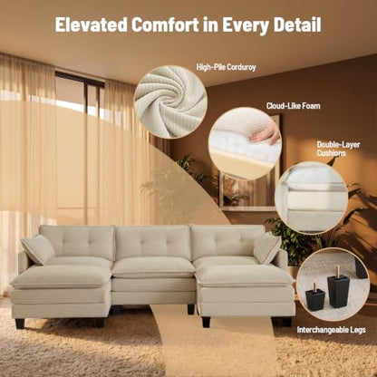 111.5" U Shaped Modular Sectional Sofa, Beige Corduroy, view 4
