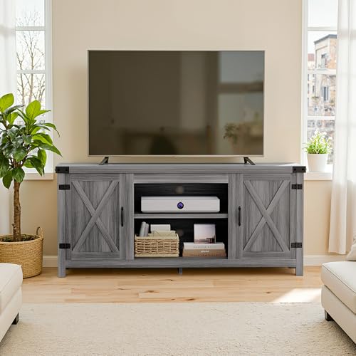 Modern Farmhouse TV Stand with Two Barn Doors and Storage Cabinets for Televisions up to 65+ Inch,Entertainment Center Console Table,Media Furniture for Living Room,Light Grey