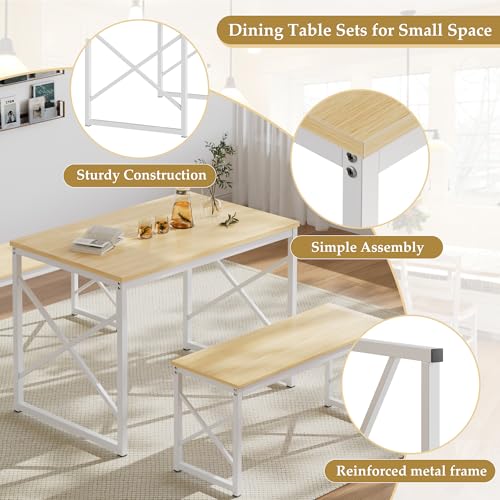 Kitchen Dining Table Benches Set for 4, 43.3" Wooden Dinette with 2 Benches, Heavy-Duty Dining Room Table for Small Space, Breakfast Nook, Natural Oak
