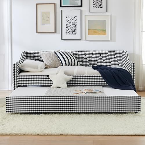 JIVOIT Twin‑Size Upholstered Daybed with Pull‑Out Trundle, Upholstered Convertible Daybed with Side Storage, Tufted Button Backrest & Padded Armrests, Perfect for Compact Living (Black-Twin,32)
