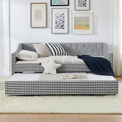 JIVOIT Twin‑Size Upholstered Daybed with Pull‑Out Trundle, Upholstered Convertible Daybed with Side Storage, Tufted Button Backrest & Padded Armrests, Perfect for Compact Living (Black-Twin,32)