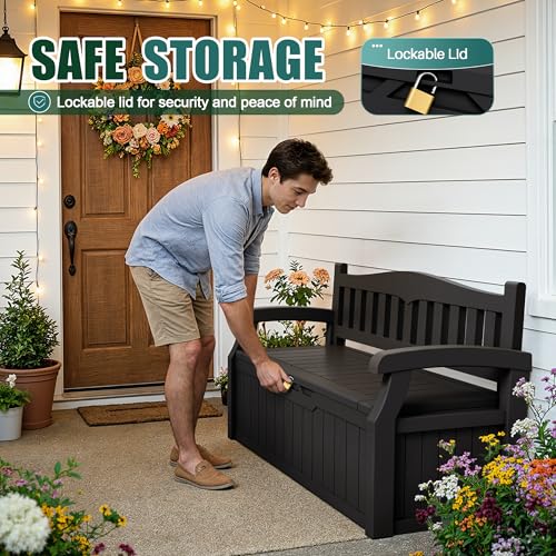 80 Gallon Storage Bench Deck Box Lockable for Patio Furniture, Garden Decor and Outdoor Seating for Cushions, Garden Tools and Pool Supplies (Black)