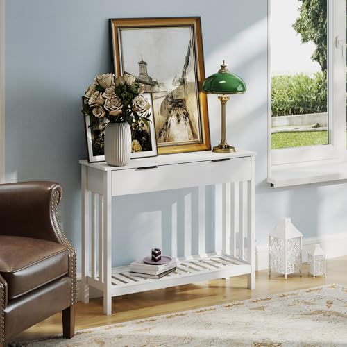 White Narrow Console Table with Drawer Storage Shelf, Modern Wooden Entryway Sofa Table, 39 Inch Slim Behind Couch Table, Side Display Console Table for Living Room,Office,White