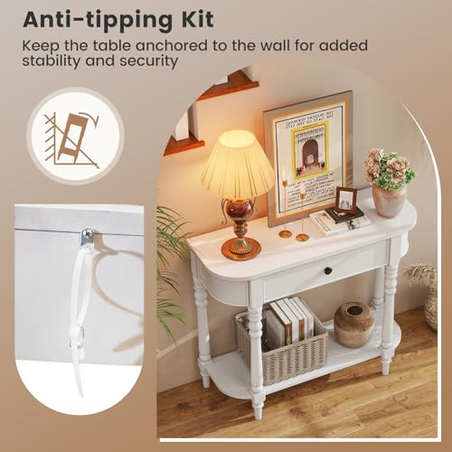 2-Tier Narrow Console Table, 36" White Entryway Table with Storage Drawer & Elegant Legs, Wooden Sofa Table with Open Shelf for Living Room, Foyer, Hallway, Bedroom, Entrance