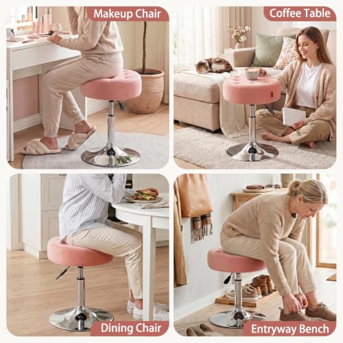 Mid-Century Velvet Tufted Makeup Ottoman Stool, 360° Swivel Adjustable Vanity Stool Modern Big Size Vanity Chair Stools for Living Room Bedroom Bathroom, Pink