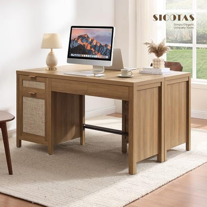 55" Rattan Desk with 3 Drawers - Wood Office Computer Desk with Storage Modern Boho Home Office Desks with Side Cabinet - Large Executive Desk Study Table for Bedroom, Living Room, Oak