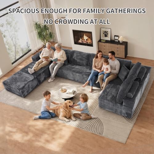 177'' Cloud Couch, Comfy Fluffy Oversized Modular Sectional Couches for Living Room, 8 Seater Modern Plush Corduroy Large Boneless Couch with Ottoman, Deep Seat, No Assembly Required, Dark Grey