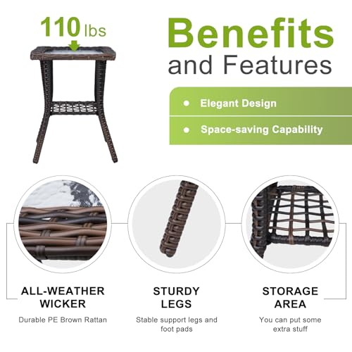 Rattan Outdoor Side Table with Glass Top & Storage Shelf | Small patio end coffee table, versatile furniture for porch, backyard, balcony and indoor living room