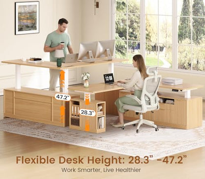 Fluted L Shaped Executive Electric Standing Desk with 4 Drawers, view 4
