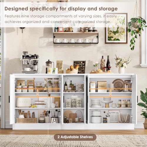 71" White Buffet Cabinet, 5 Chevron Door Modern Farmhouse Coffee Bar, view 5