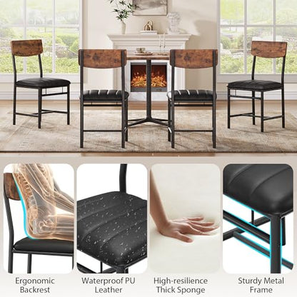 Industrial Dining Chairs Set of 4 - Upholstered Dining Room Chairs with PU Leather, Kitchen Chairs with Wooden Backrest and Thickened Metal Legs, for Dining Room, Living Room（Rustic Brown）