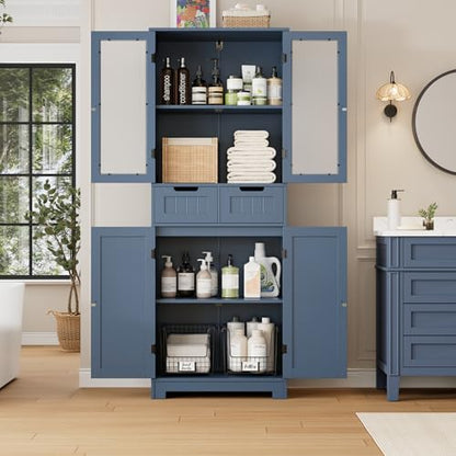 67" Tall Bathroom Storage Cabinet, Freestanding Storage Cabinet with Glass Door and Shelves, Kitchen Pantry with 2 Drawers for Bathroom, Living Room, Dining Room, Blue